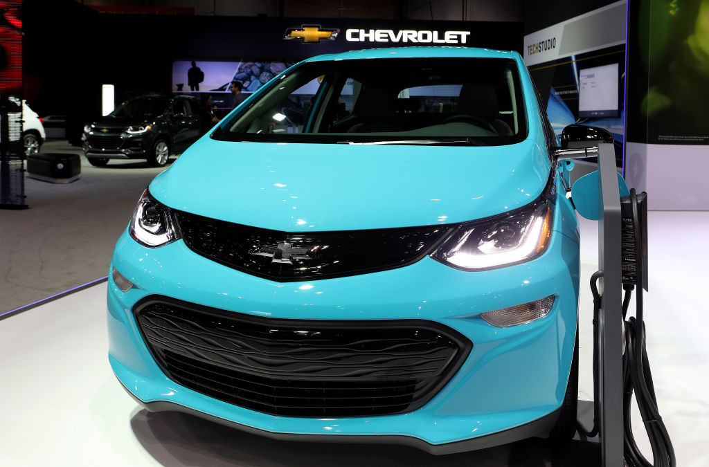 A bright blue 2020 Chevrolet Bolt EV on display 