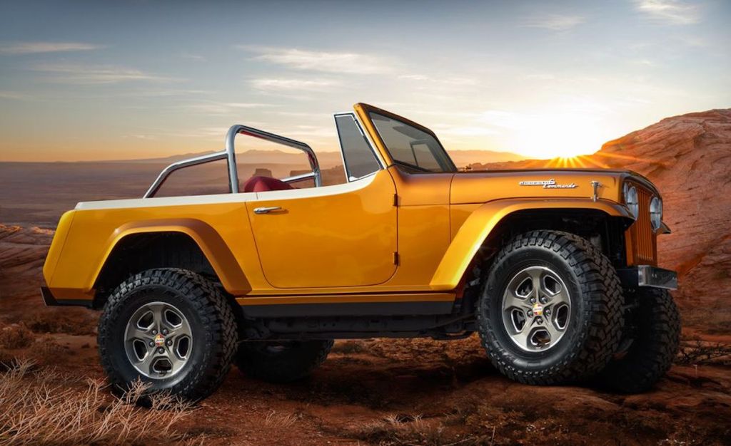 The 1968 Jeepster Commando Beach Concept parked at sunset in Moab
