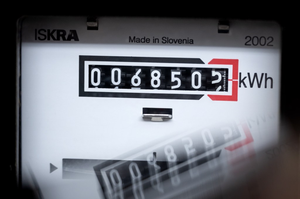 A meter shows how many kilowatt-hours a residential building is using