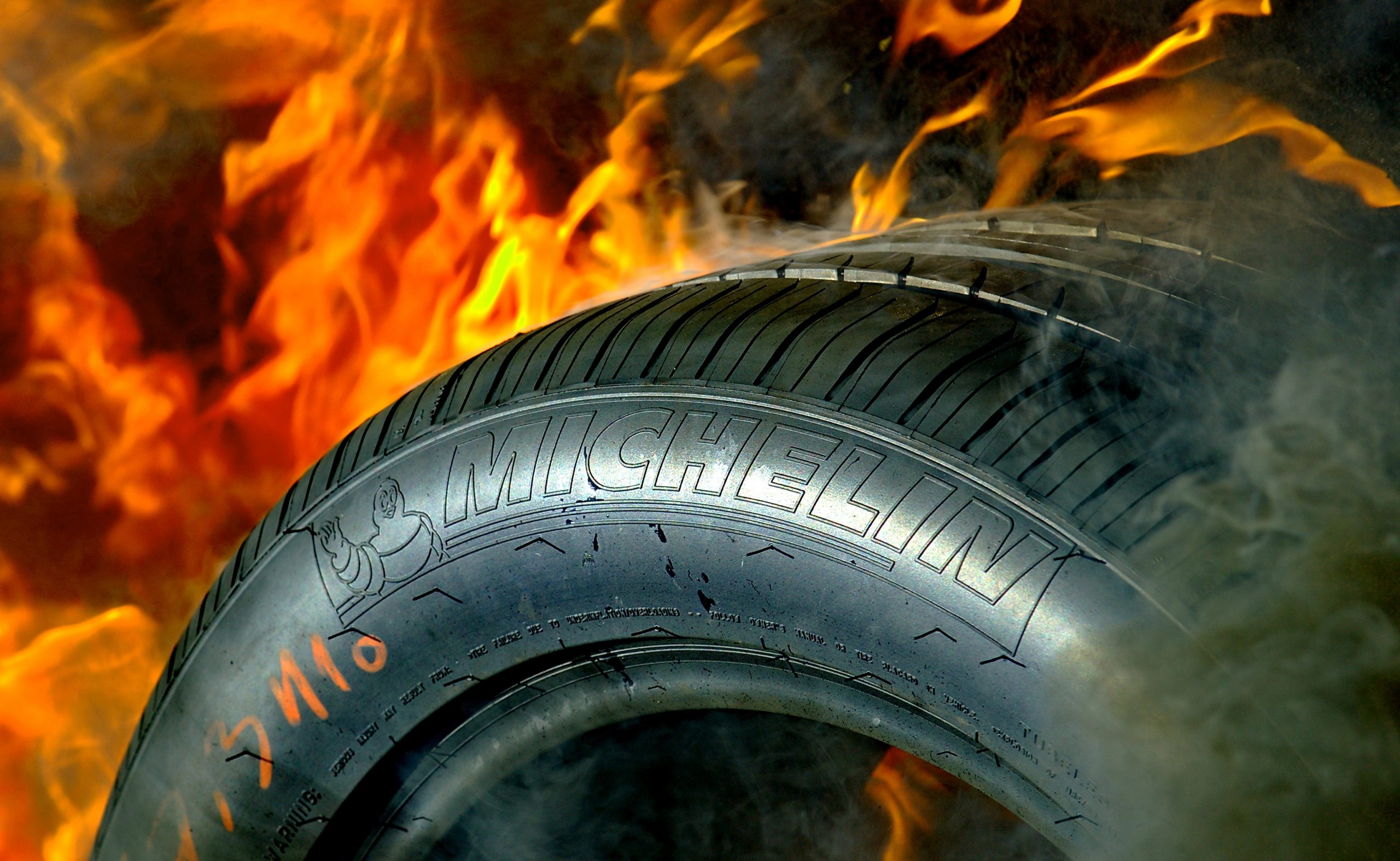 a Michelin tire on fire