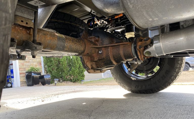 A 2021 Ford F-150 back axle covered in rust. 