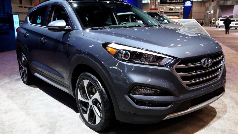 A light-blue metallic 2017 Hyundai Tucson compact SUV on display at the 109th-annual Chicago Auto Show at McCormick Place in Chicago, Illinois, on February 10, 2017