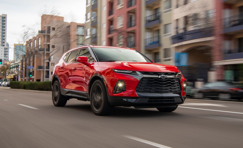 The 2019 Chevy Blazer driving down the street 