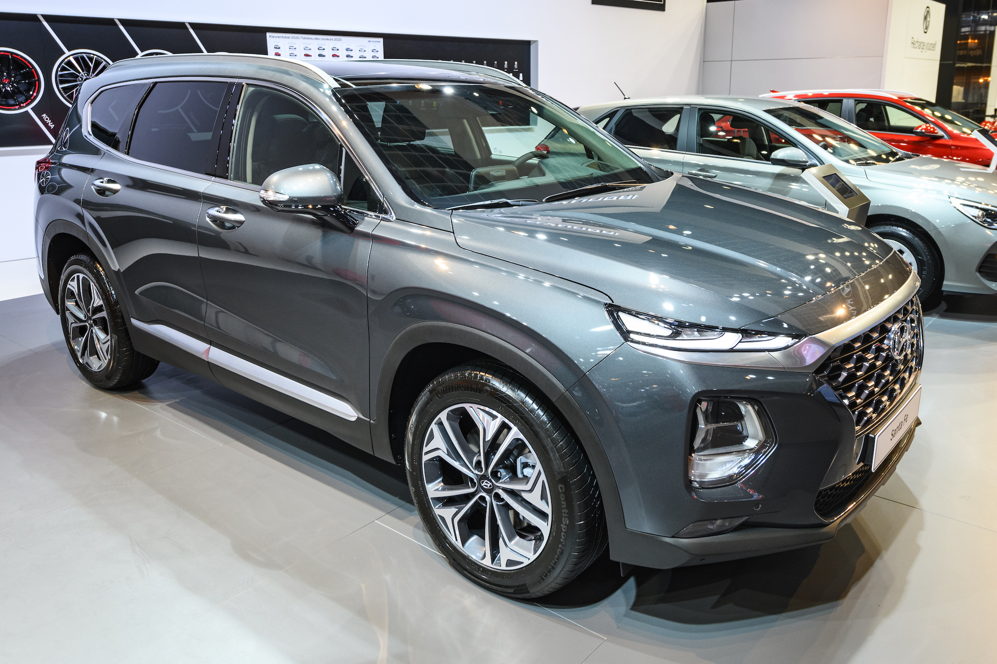 A dark-gray metallic 2020 used Hyundai Santa Fe midsize SUV on display at Brussels Expo on January 9, 2020, in Brussels, Belgium