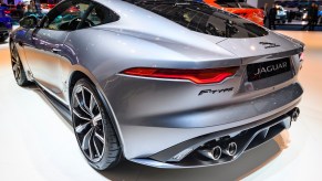 A silver 2020 Jaguar F-Type sports car on display at Brussels Expo on January 9, 2020, in Brussels, Belgium