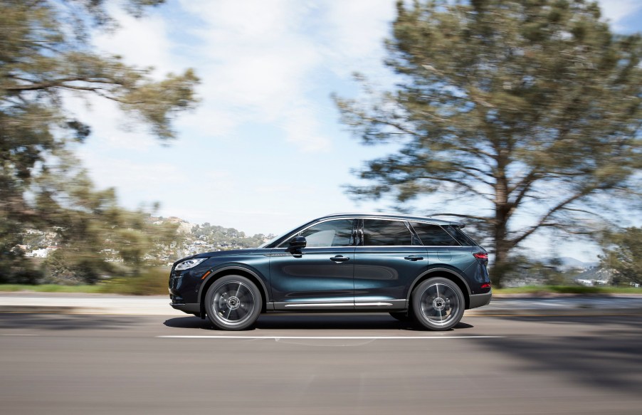 A dark-blue 2020 Lincoln Corsair luxury compact crossover SUV