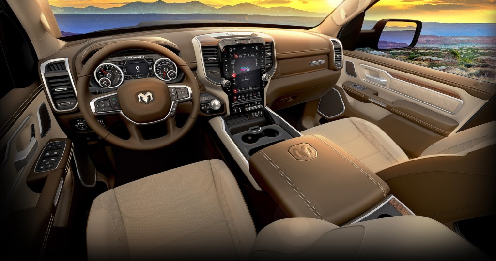 The tan leather interior of a 2020 Ram 1500 Laramie Southwest Edition, among the most comfortable pickup trucks of 2021