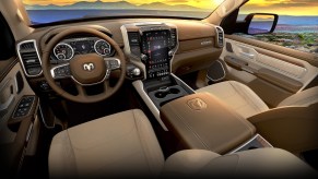 The tan leather interior of a 2020 Ram 1500 Laramie Southwest Edition, among the most comfortable pickup trucks of 2021