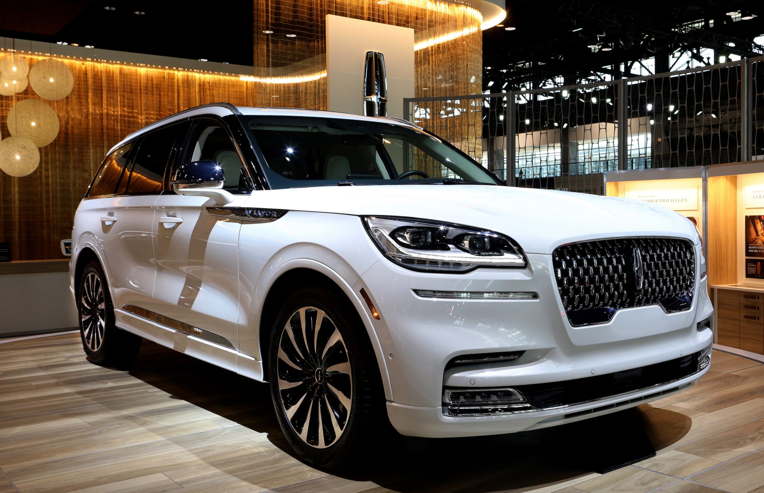 A white 202 Lincoln Aviator SUV on display