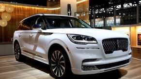 A white 202 Lincoln Aviator SUV on display