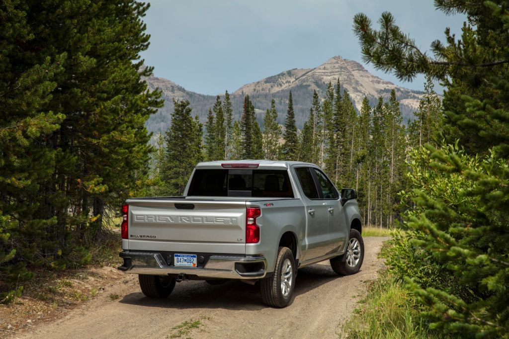 The rear 3/4 view of a silver 2021 Chevrolet Silverado 1500 LT 4x4 in a pine forest