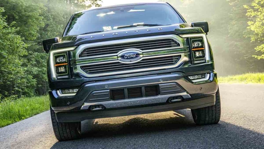 The 2021 Ford F-150 driving down the road