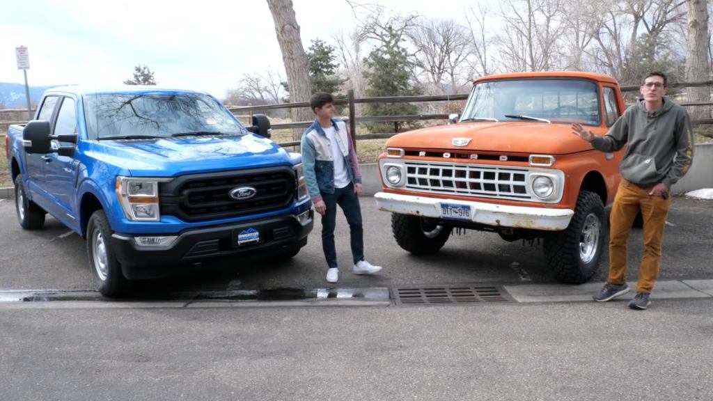 comparison of a blue 2021 Ford F-150 hybrid and a red 1965 Ford F100