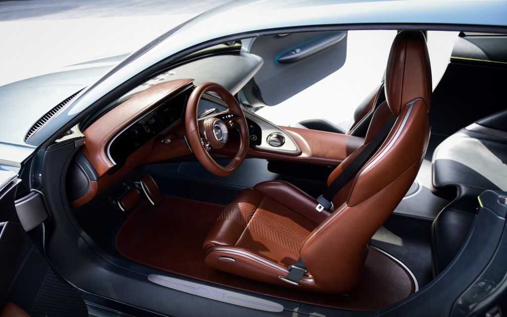 The brown-and-green-leather interior of the 2021 Genesis X Concept
