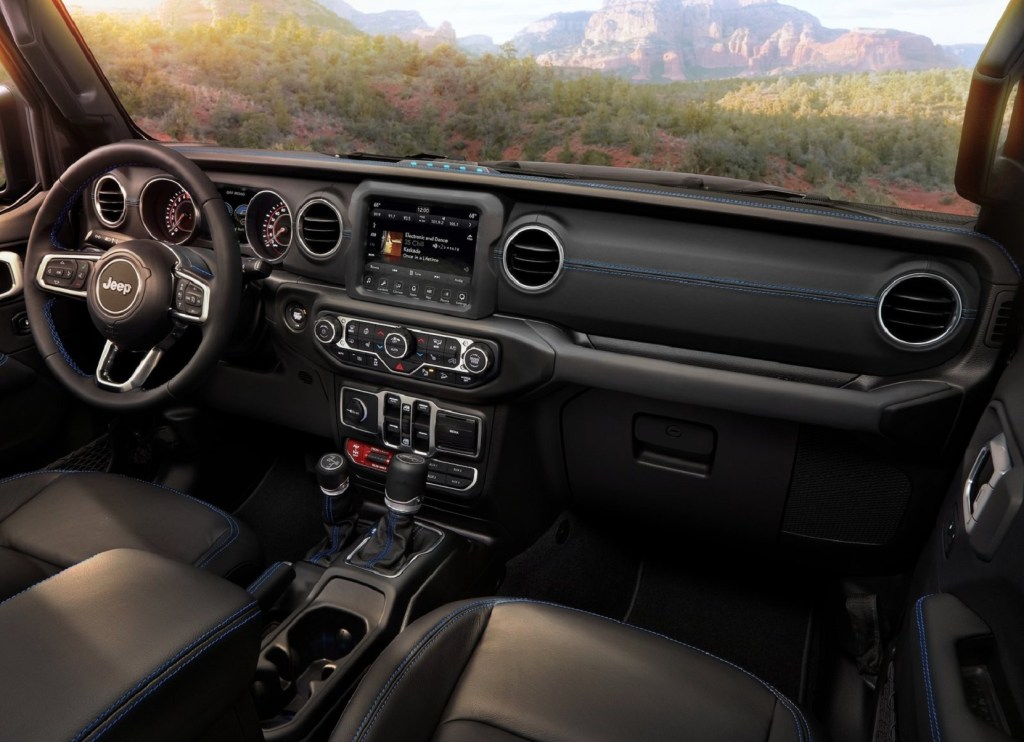 The front seats and dashboard of the 2021 Jeep Wrangler Rubicon 4xe