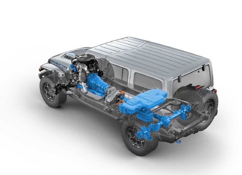 The rear 3/4 view of a cutaway diagram of the 2021 Jeep Wrangler Rubicon 4xe showing the hybrid powertrain