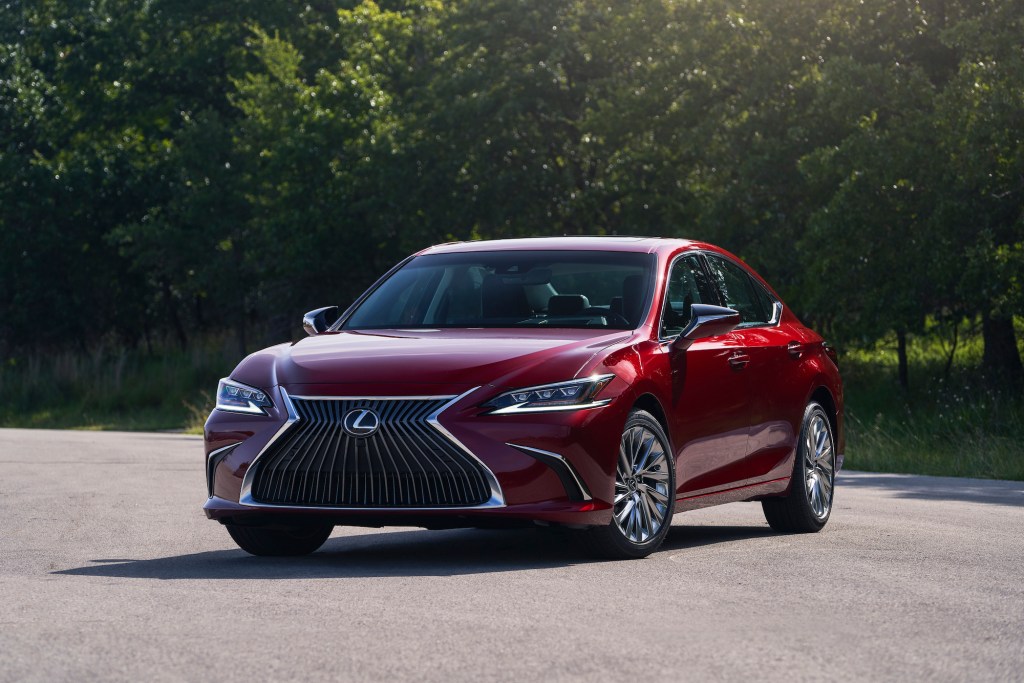 a front shot of the 2021 Lexus ES 250  in red