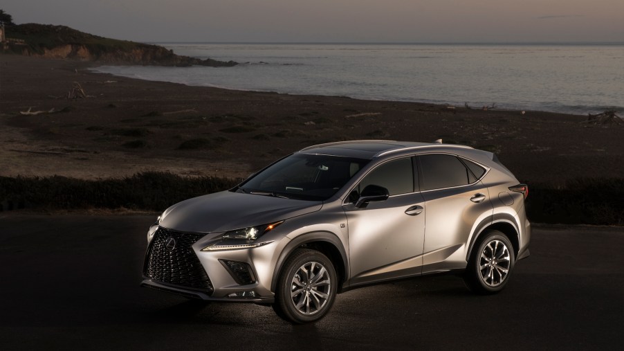 A silver 2021 Lexus NX300 luxury compact crossover SUV parked on a beach