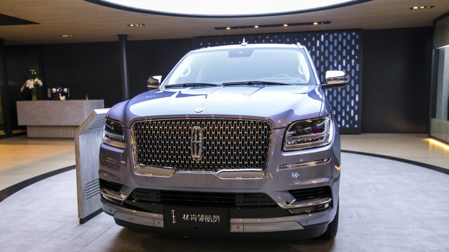 A silver Lincoln Navigator car is on display during the 19th Shanghai International Automobile Industry Exhibition (Auto Shanghai 2021) at National Exhibition and Convention Center