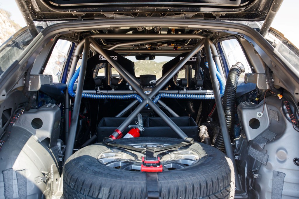 The rear view of the stripped-down interior of the 2021 NORRA Mexican 1000 Volkswagen ID.4