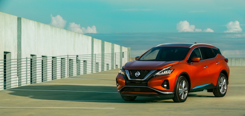 2021 Nissan Murano parked on a pretty day in a roof top lot. 