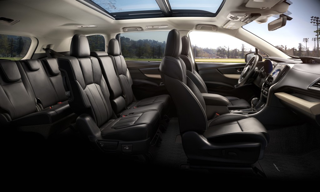 Black leather interior of a 2021 Subaru Ascent interior 