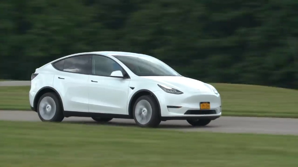 A white 2021 Tesla Model Y Long Range on Consumer Reports' track