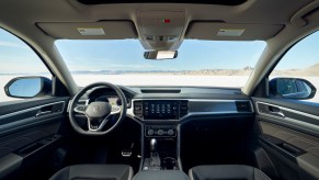 View of the front cabin of a 2021 Volkswagen Atlas midsize crossover SUV