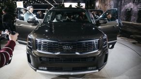 A close up of the front end of a kia telluride