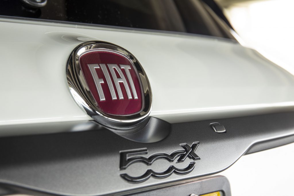 A close up of the Fiat 500X badge on the trunk of the car