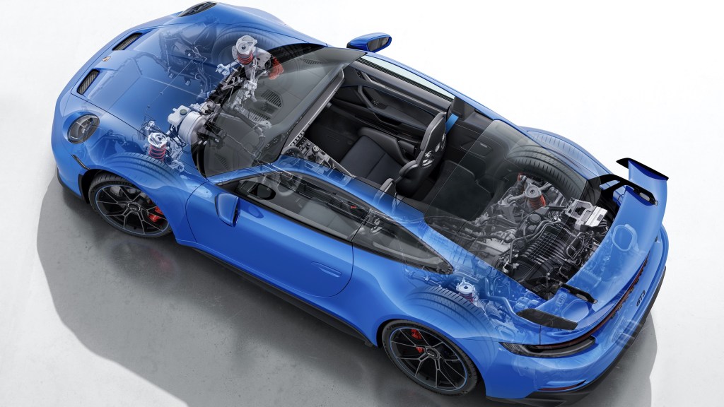 An overhead cutaway view of a blue 2022 Porsche 911 GT3