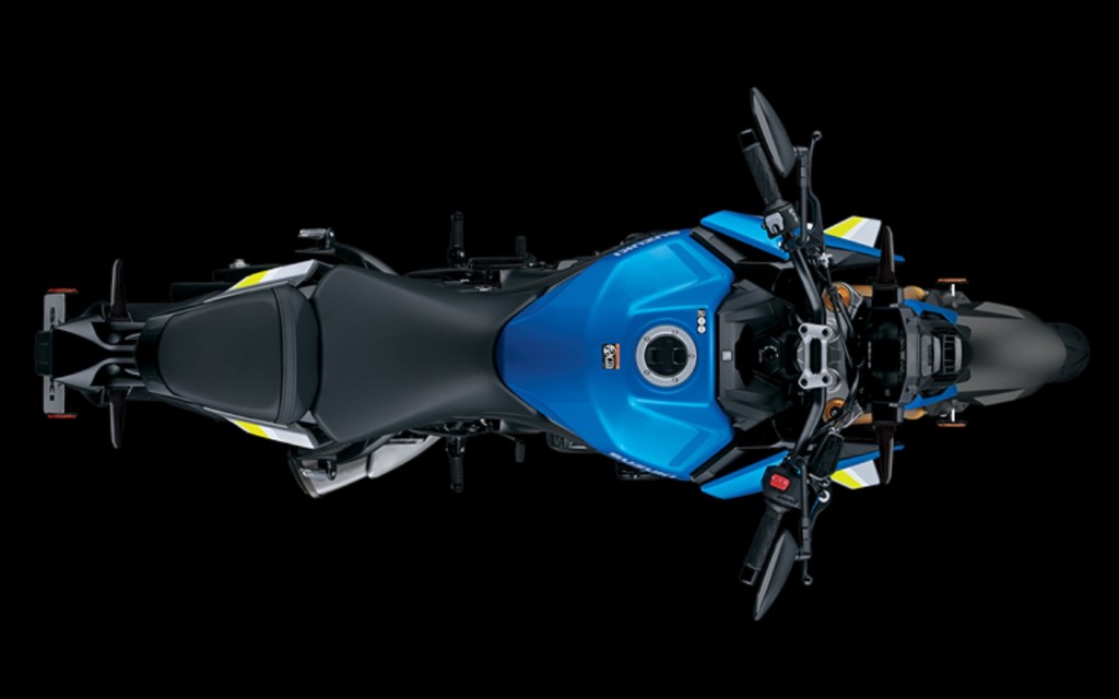The overhead view of a blue-and-silver 2022 Suzuki GSX-S1000