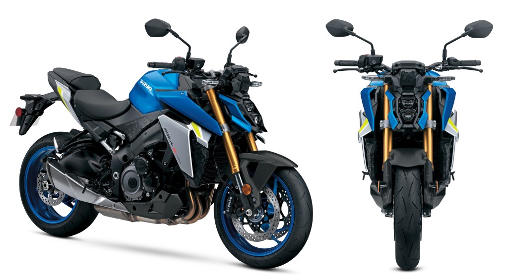 The side 3/4 and front views of a blue-and-silver 2022 Suzuki GSX-S1000