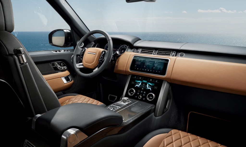 interior of a range-topping 2021 Land Cruiser Range Rover with quilted brown leather