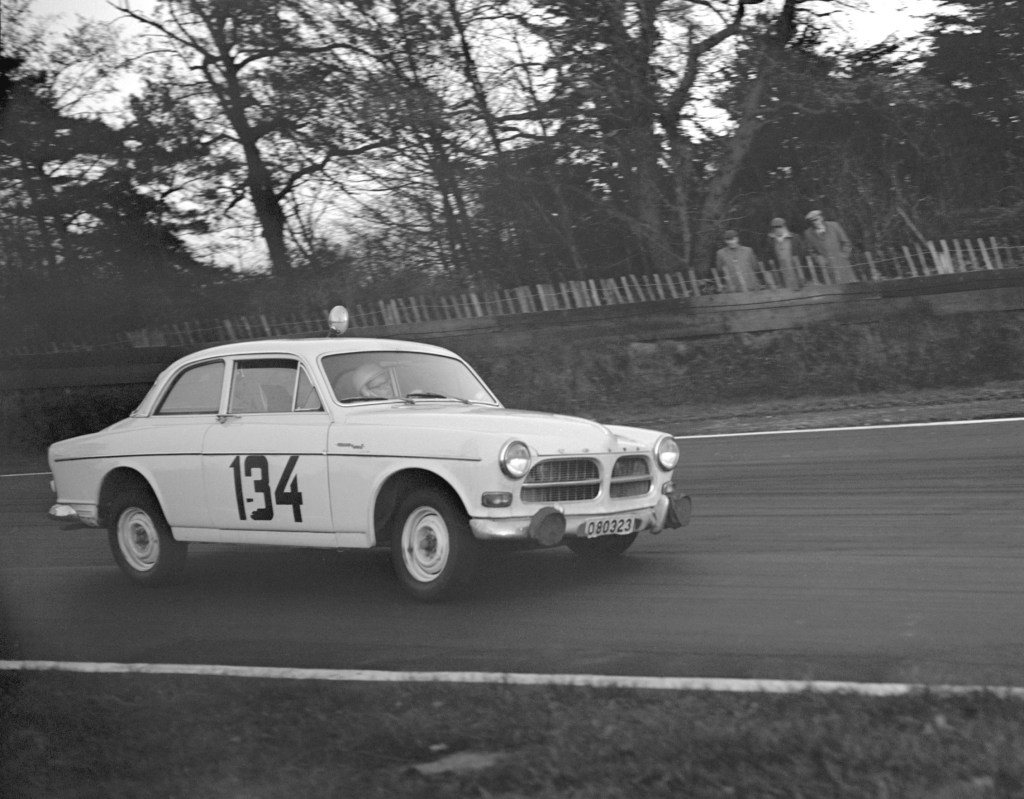 A Volvo Amazon takes a corner at the 11th RAC International Rally