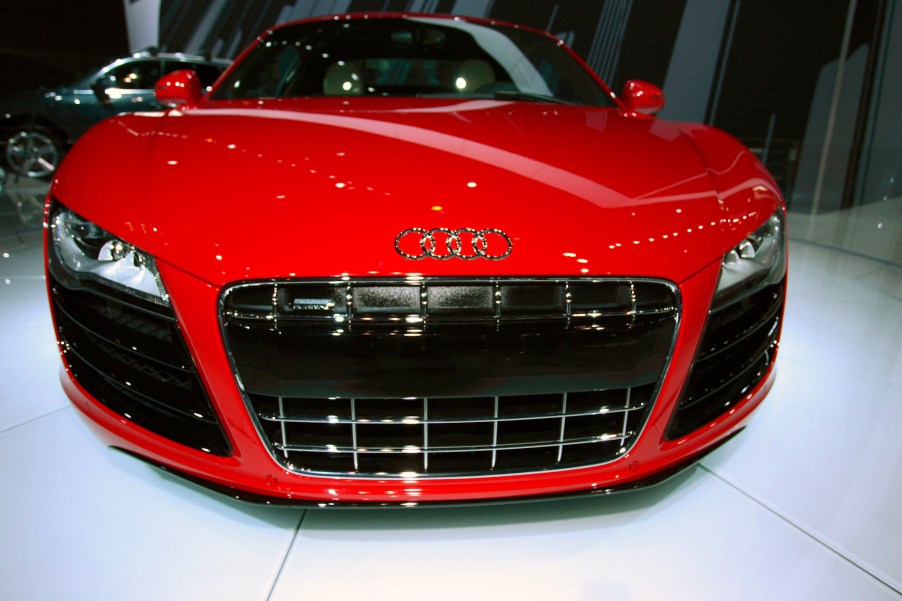 A red 2009 Audi R8 sports car with HomeLink on display at the 2009 Chicago Auto Show