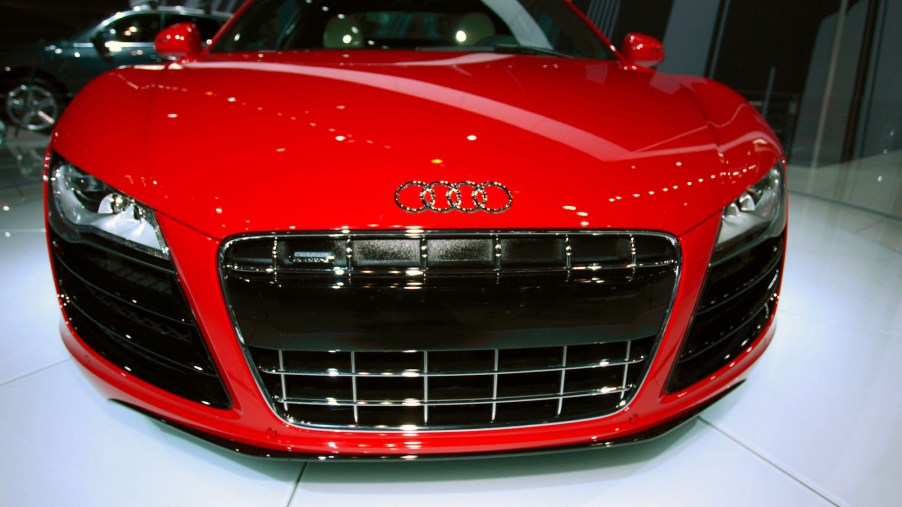 A red 2009 Audi R8 sports car with HomeLink on display at the 2009 Chicago Auto Show
