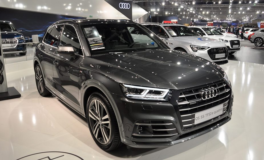 A Audi Q5 55 TFSIe Quattro is seen during the Vienna Car Show press preview at Messe Wien