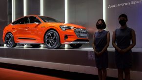 The orange Audi AG RS E-Tron 55 Quattro electric vehicle at the Auto Shanghai 2021 show in Shanghai, China