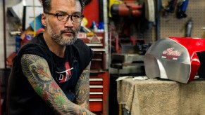 Bike builder Keino Sasaki in his garage