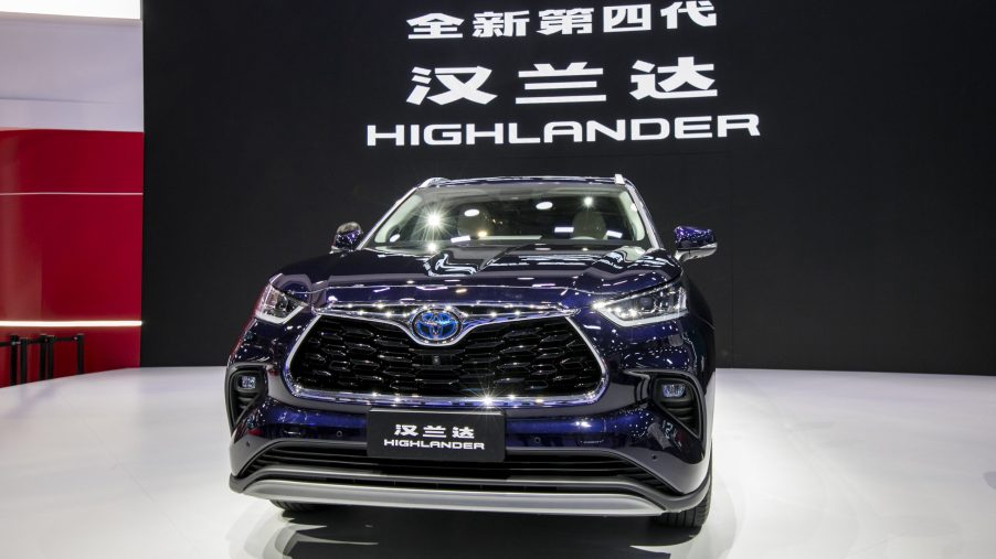 A blue Toyota Highlander SUV is on display during the 19th Shanghai International Automobile Industry Exhibition (Auto Shanghai 2021) at National Exhibition and Convention Center