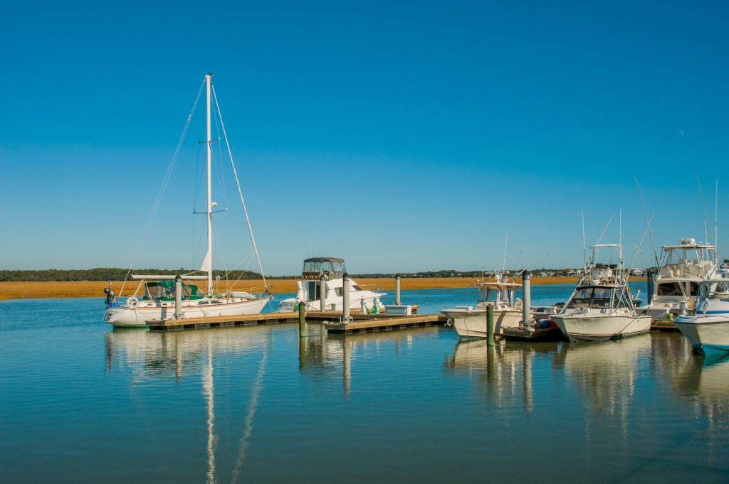 A marina with boats along the Intracoastal Waterway at Edisto Island in South Carolina, USA.