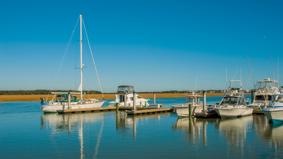 A marina with boats along the Intracoastal Waterway at Edisto Island in South Carolina, USA.
