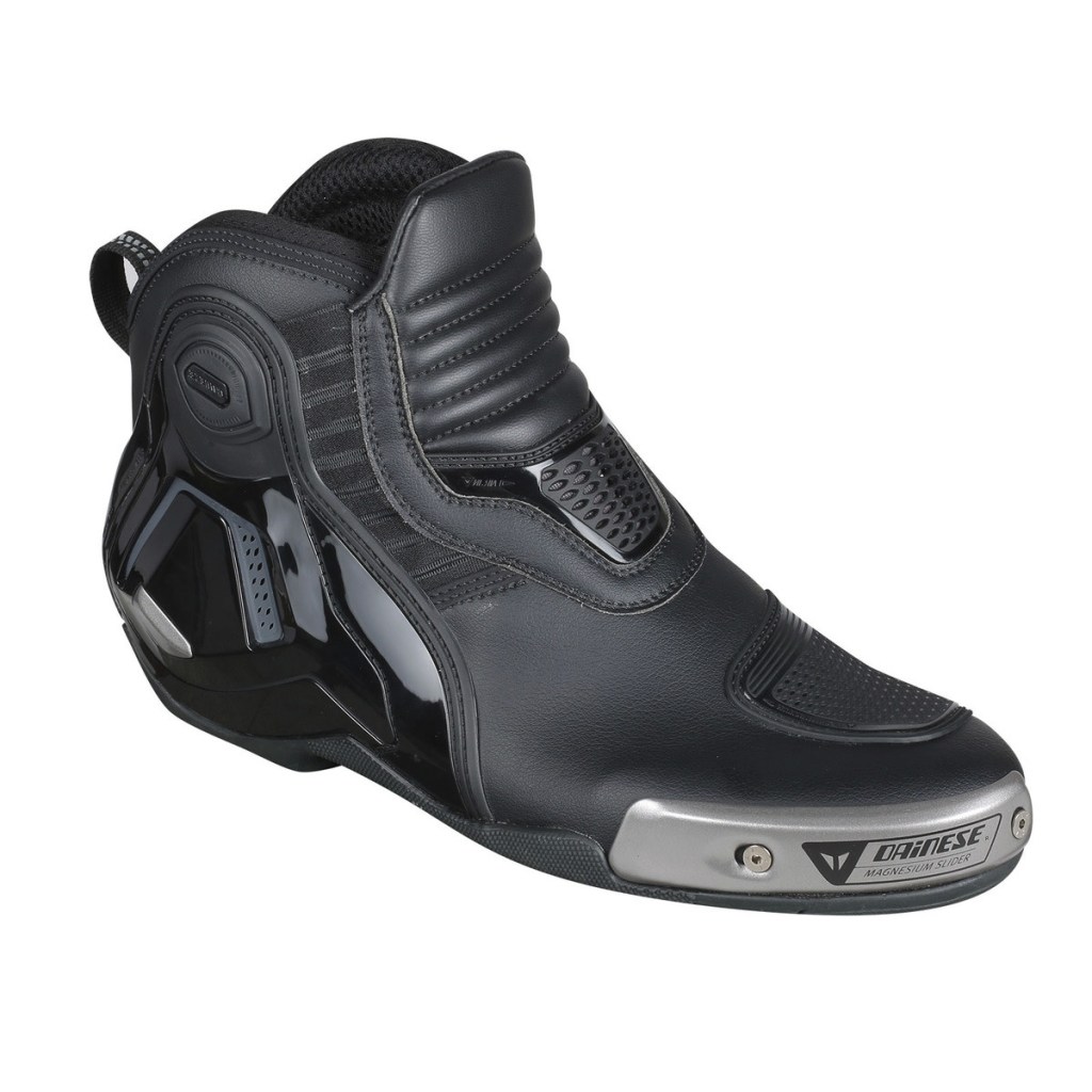 A black-leather Dainese Dyno Pro D1 motorcycle shoe