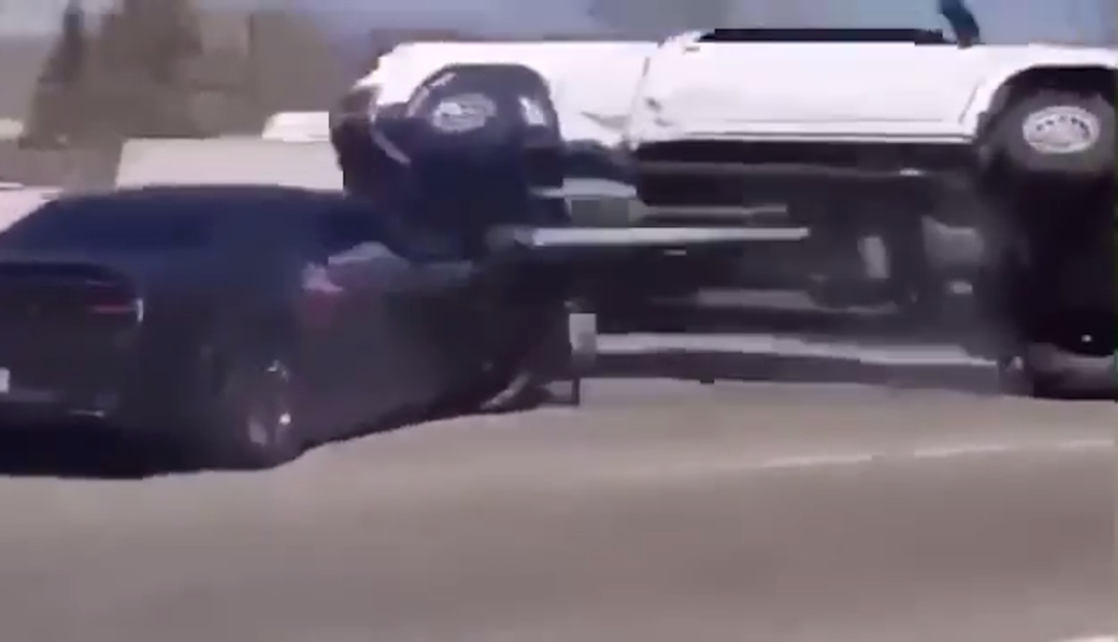 Dodge Challenger Hellcat crashes into Chevy Silverado 