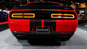 A Dodge Challenger SRT Hellcat on display at an auto show
