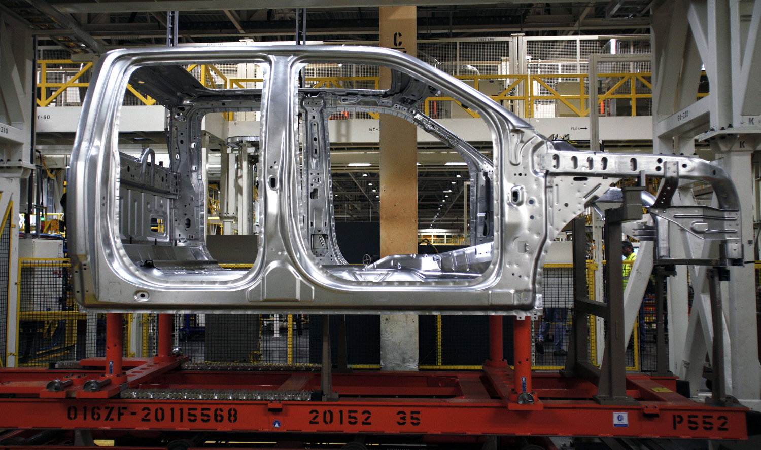 A Ford F-150 being assembled at a plant that will soon make electric pickup trucks