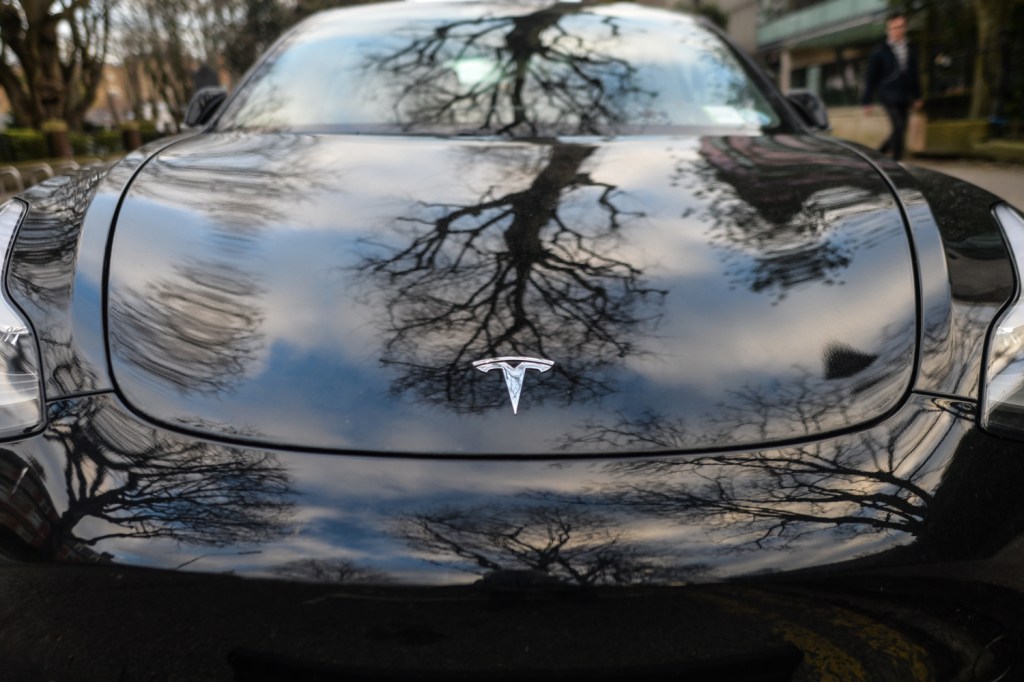 A shiny Tesla hood sits in the sun
