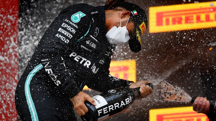 Formula 1 driver Lewis Hamilton on the podium