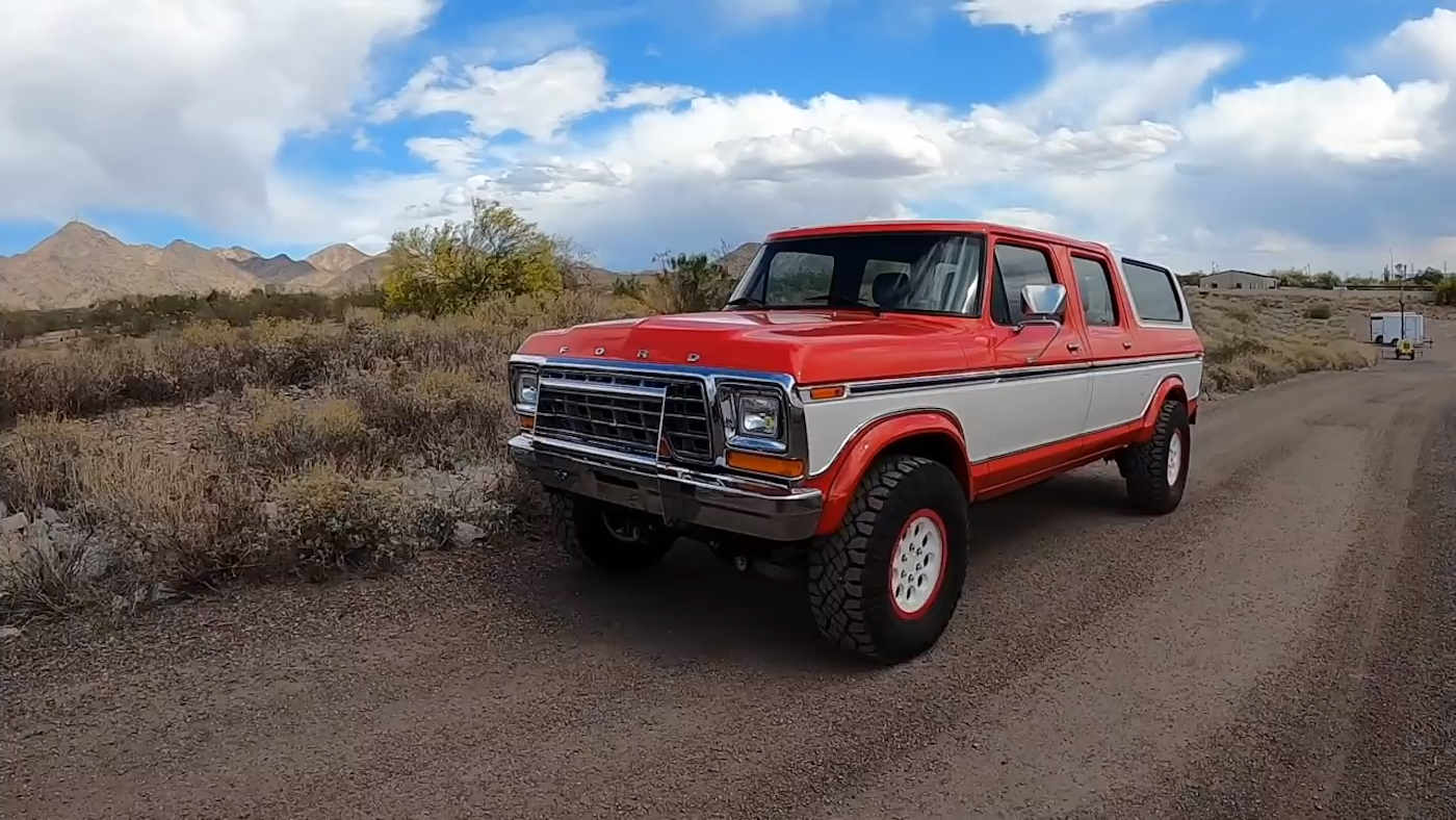 Restomod 1979 Ford Bronco in red with all Ford Raptor parts